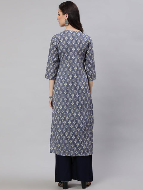 Women Grey Ethnic Printed Straight Kurta with Three Quarter Sleeves