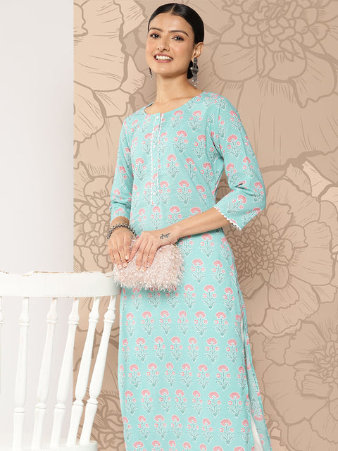 Women Blue Ethnic Straight Kurta With Three Quarter Sleeves