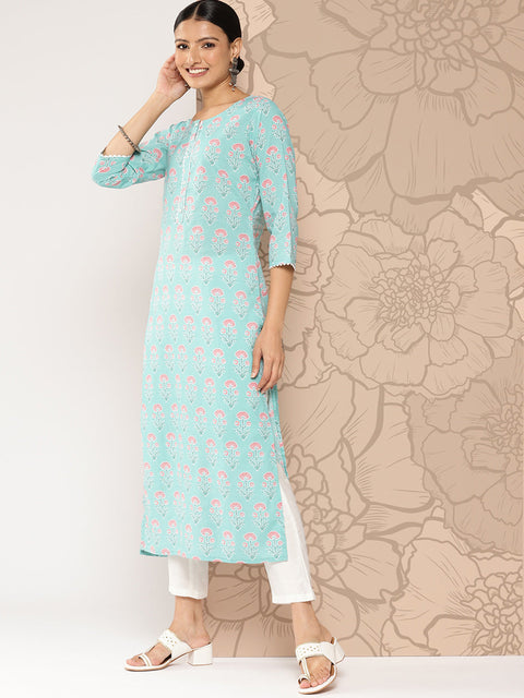 Women Blue Ethnic Straight Kurta With Three Quarter Sleeves