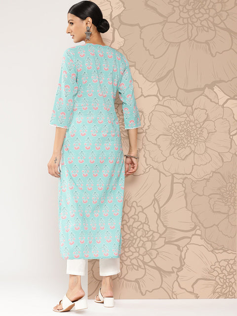 Women Blue Ethnic Straight Kurta With Three Quarter Sleeves