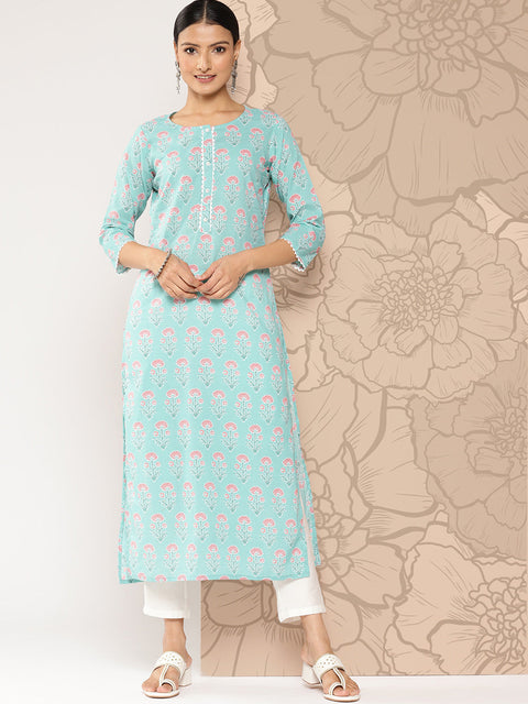 Women Blue Ethnic Straight Kurta With Three Quarter Sleeves