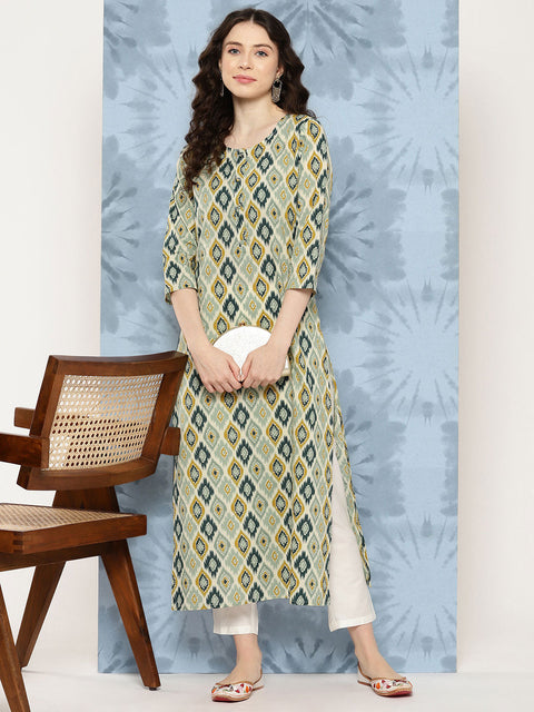 Women Multi Ikat Printed Straight Kurta with Three Quarter Sleeves