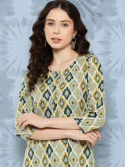 Women Multi Ikat Printed Straight Kurta with Three Quarter Sleeves