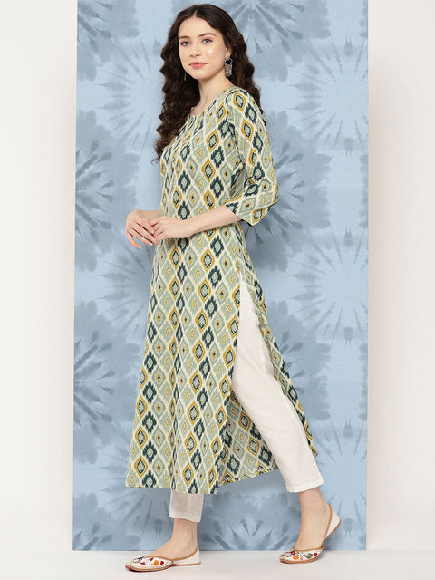 Women Multi Ikat Printed Straight Kurta with Three Quarter Sleeves