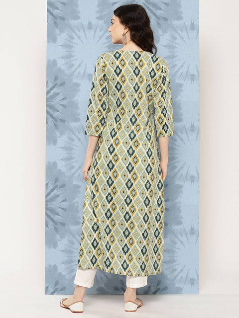 Women Multi Ikat Printed Straight Kurta with Three Quarter Sleeves