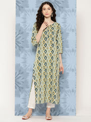 Women Multi Ikat Printed Straight Kurta with Three Quarter Sleeves