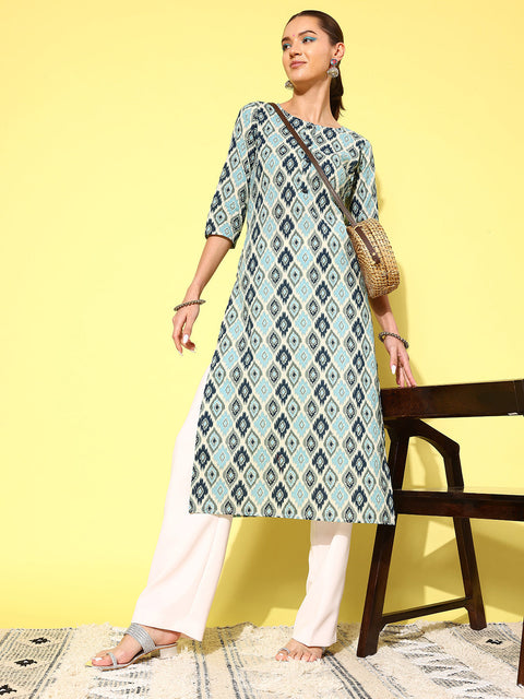 Women Blue Ethnic Printed Straight Kurta With Three Quarter Sleeves