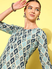 Women Blue Ethnic Printed Straight Kurta With Three Quarter Sleeves