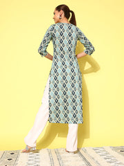 Women Blue Ethnic Printed Straight Kurta With Three Quarter Sleeves