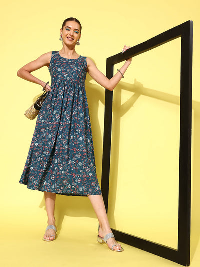 Wome Blue Floral Printed Sleeveless Dress