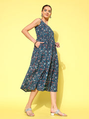 Wome Blue Floral Printed Sleeveless Dress