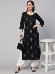 Women Black Printed straight Kurta With three qurter sleeves