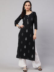 Women Black Printed straight Kurta With three qurter sleeves