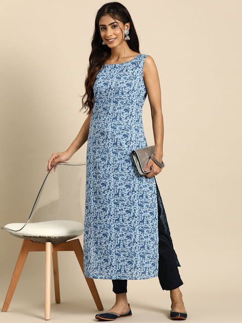 Women Blue Ethnic Printed Straight Sleevless Kurta