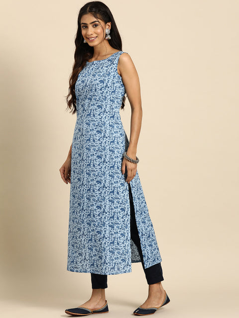 Women Blue Ethnic Printed Straight Sleevless Kurta