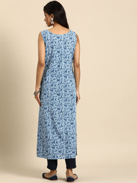 Women Blue Ethnic Printed Straight Sleevless Kurta