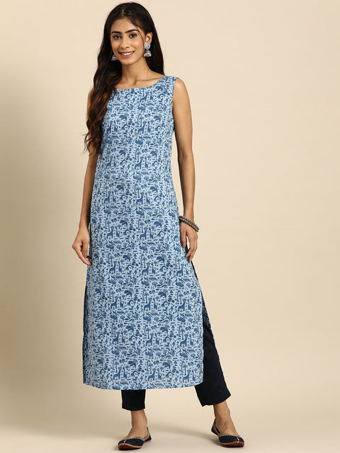 Women Blue Ethnic Printed Straight Sleevless Kurta