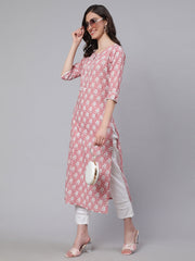 Women Pink Printed straight kurta with three quarter sleeves