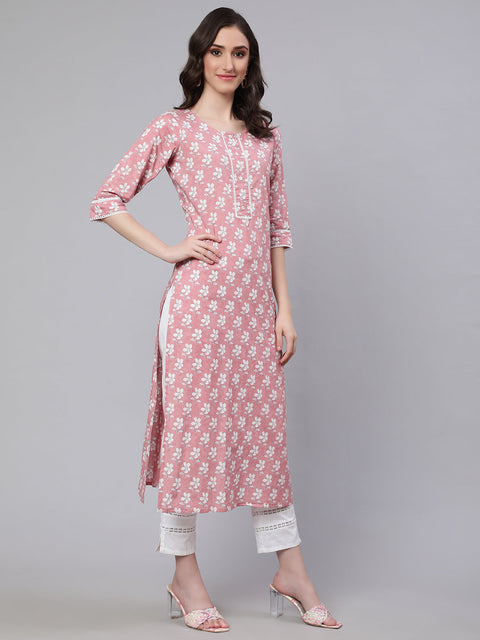 Women Pink Printed straight kurta with three quarter sleeves