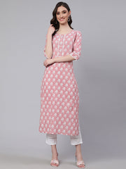 Women Pink Printed straight kurta with three quarter sleeves