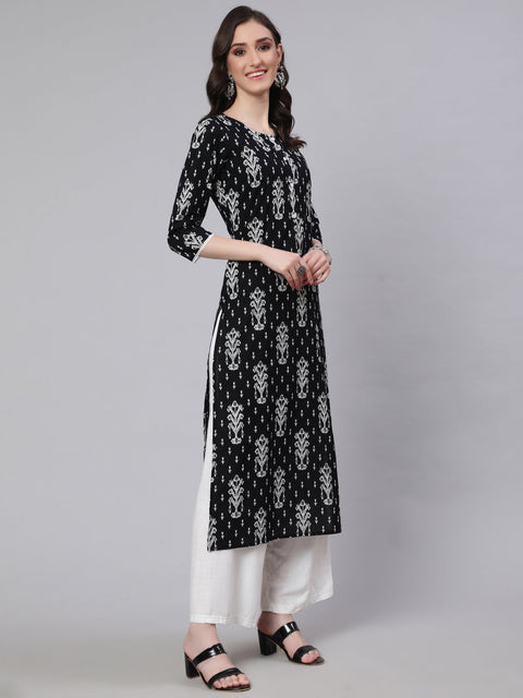 Women Black Printed straight Kurta With three qurter sleeves