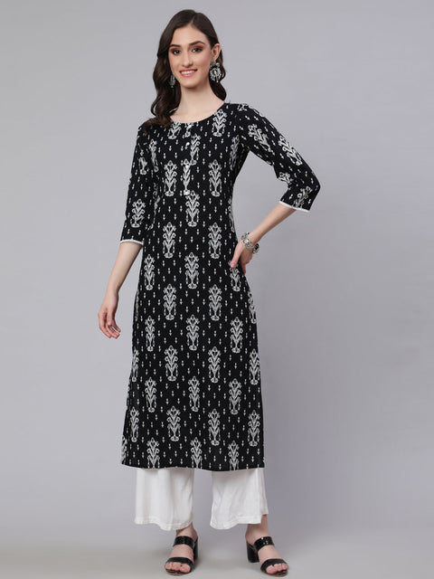 Women Black Printed straight Kurta With three qurter sleeves