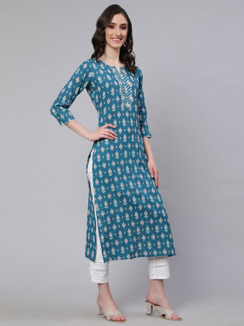 Women Blue Ethnic Printed Straight Kurta with Three Quarter Sleeves