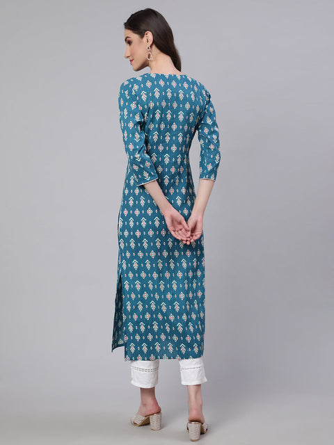 Women Blue Ethnic Printed Straight Kurta with Three Quarter Sleeves