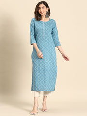 Women Blue Ethnic Printed Straight Kurta with Three Quarter Sleeves