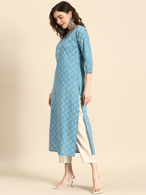 Women Blue Ethnic Printed Straight Kurta with Three Quarter Sleeves