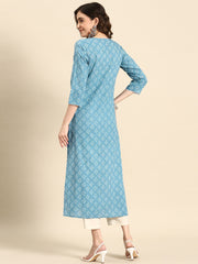 Women Blue Ethnic Printed Straight Kurta with Three Quarter Sleeves