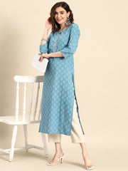 Women Blue Ethnic Printed Straight Kurta with Three Quarter Sleeves