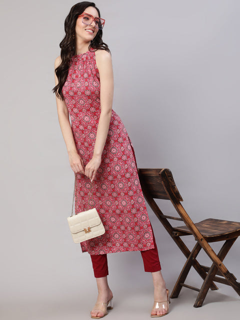 Women Pink Printed Halter Neck Straight Kurta