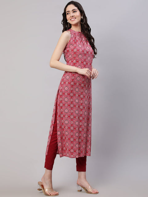 Women Pink Printed Halter Neck Straight Kurta