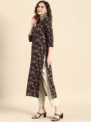 Women Black Printed straight Kurta With three qurter sleeves