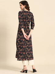 Women Black Printed straight Kurta With three qurter sleeves