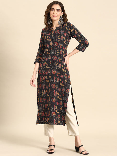 Women Black Printed straight Kurta With three qurter sleeves