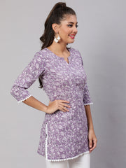 Women Purple Straight Tunic With Three Quaretr Sleeves