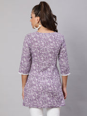 Women Purple Straight Tunic With Three Quaretr Sleeves