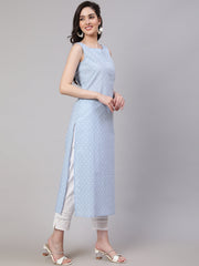 Women Blue Ethnic Printed Straight Sleevless Kurta