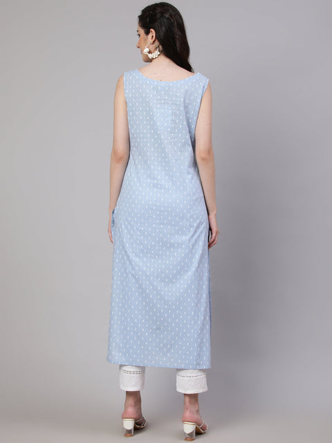 Women Blue Ethnic Printed Straight Sleevless Kurta