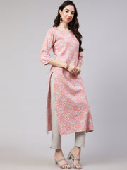 Women Pink Printed straight kurta with three quarter sleeves