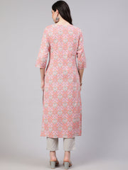 Women Pink Printed straight kurta with three quarter sleeves