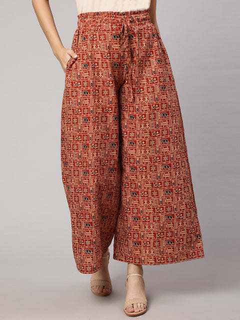 Women Rust Printed Wide Legged Printed Plazzo With Side Pockets