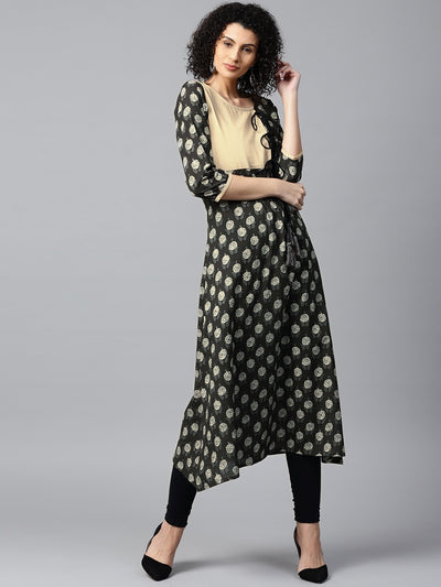 Nayo Women Charcoal Grey & Beige Printed A-Line Kurta