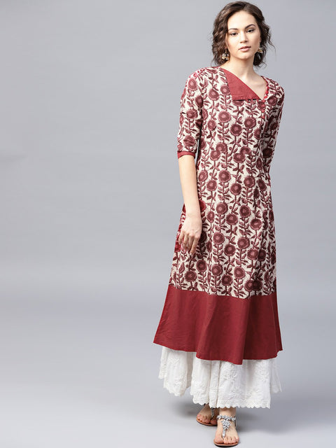 Nayo Maroon printed 3/4 sleeve cotton A-Line kurta