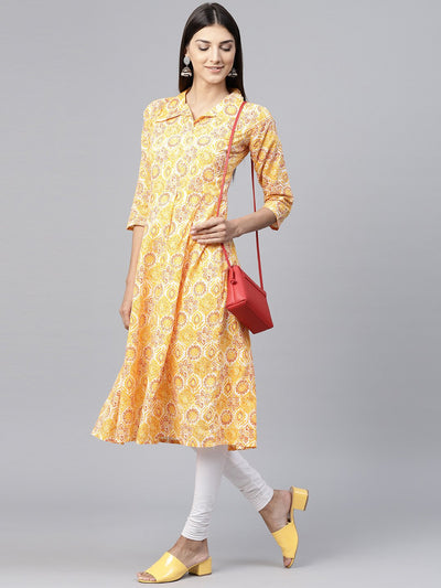 Nayo Yellow printed 3/4 sleeve cotton Anarkali Kurta with front hanging