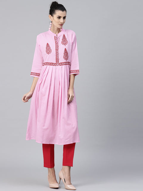 Nayo Pink 3/4 sleeve cotton Anarkali kurta with block printed on yoke