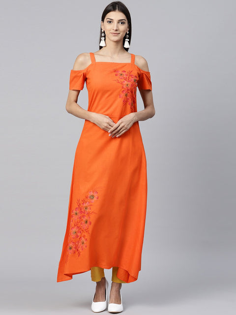 Nayo Orange short sleeve cotton A-line kurta with block printed in yoke & border