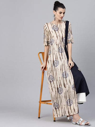 Nayo Nude printed Half sleeve cotton front slit floor length double layer kurta